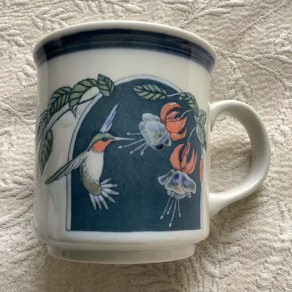 Beautiful multicolor, hummingbird mug.